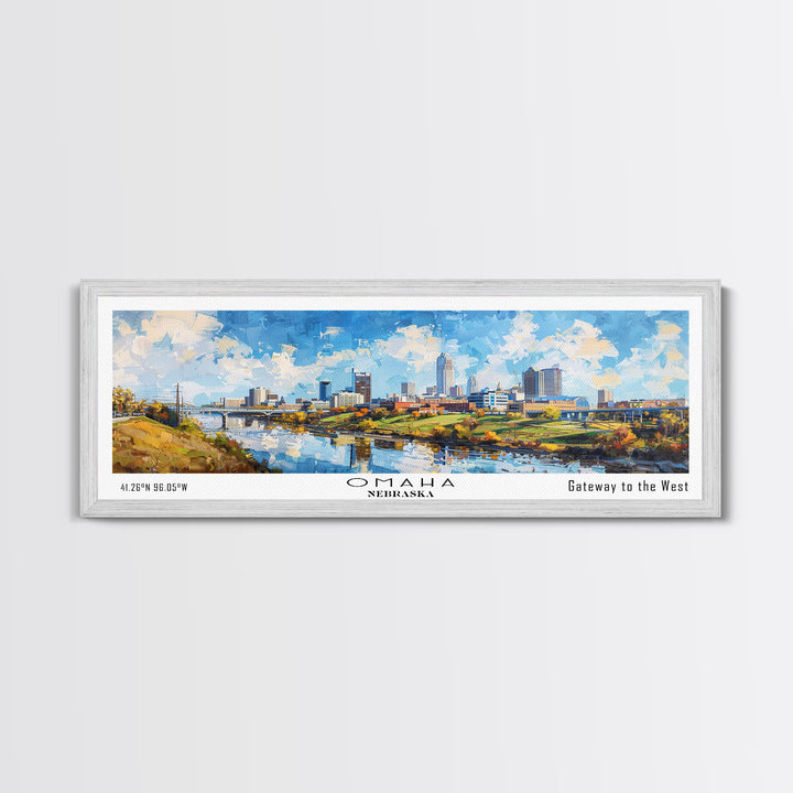 Omaha Nebraska Panoramic Framed Canvas Print, Cityscape Watercolor Painting, Travel Poster, Home Decor, Urban Gift Idea, Office Wall Art