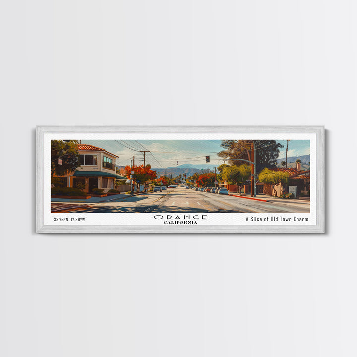 Orange California Panoramic Framed Canvas Print, Cityscape Watercolor Painting, Travel Poster for Home Decor, Urban Art, Unique Gift Idea