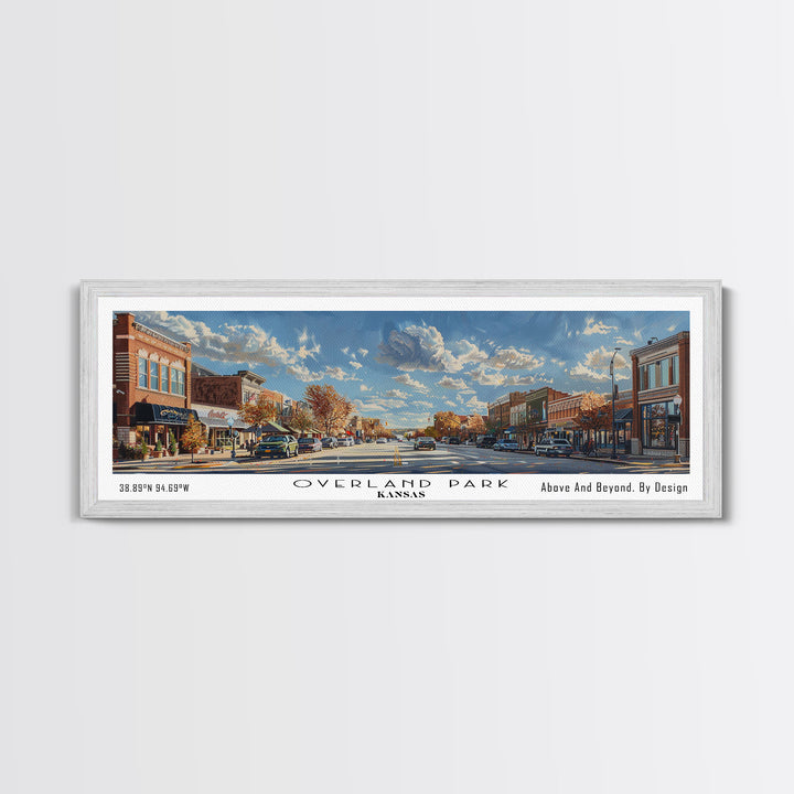 Overland Park Kansas Panoramic Framed Canvas Print, Cityscape Watercolor Painting, Travel Poster, Modern Home Decor, Urban Gift Idea
