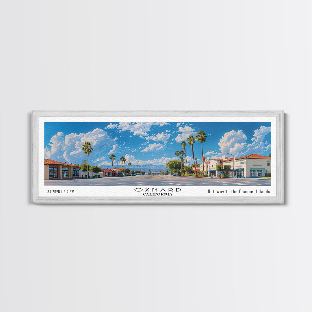 Oxnard California Panoramic Painting, Framed Canvas Print, Stunning Cityscape Watercolor Art, Travel Poster for Home Decor, Unique Gift Idea