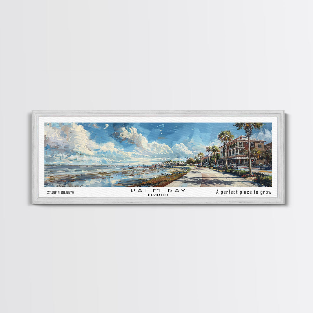 Palm Bay Florida Panoramic Framed Canvas Print, Watercolor Cityscape Art, Travel Poster, Home Decor, Urban Gift Idea, Living Room Art