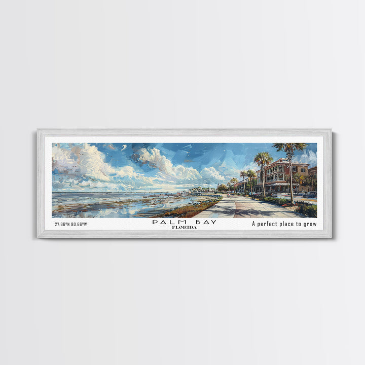 Palm Bay Florida Panoramic Framed Canvas Print, Watercolor Cityscape Art, Travel Poster, Home Decor, Urban Gift Idea, Living Room Art