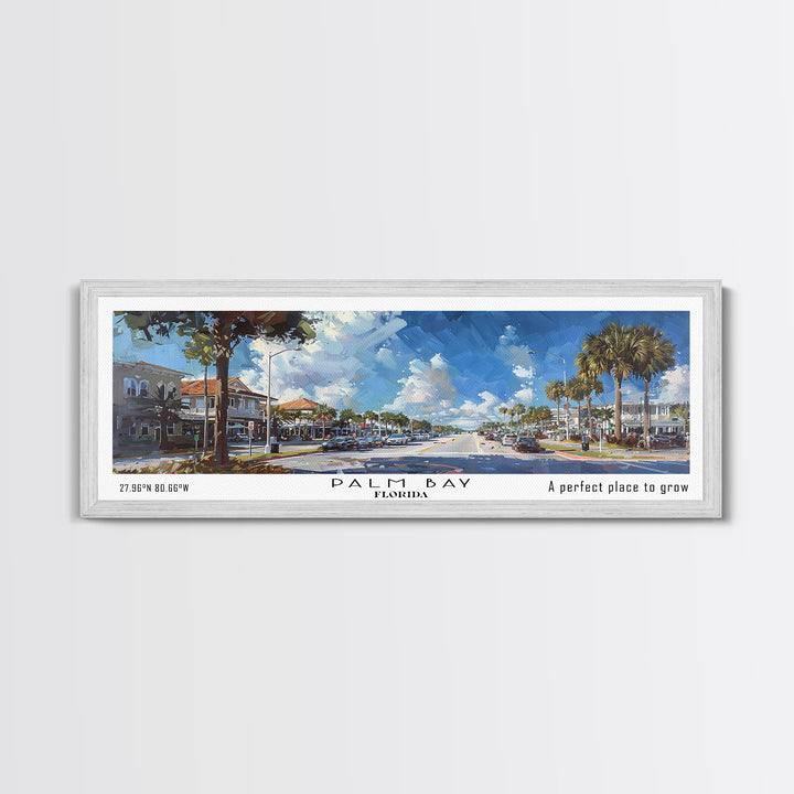 Palm Bay Florida Panoramic Painting, Framed Canvas Print, Beautiful Cityscape Watercolor Art, Travel Poster, Modern Home Decor, Unique Gift