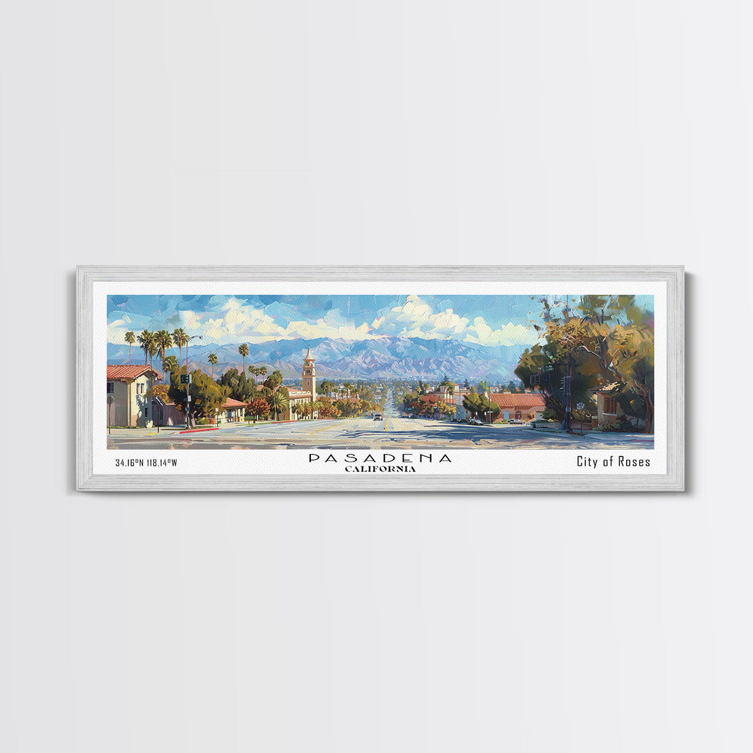 Pasadena California Panoramic Framed Canvas Print, Cityscape Watercolor Painting, Travel Poster, Home Decor, Urban Gift Idea, Office Wall Art