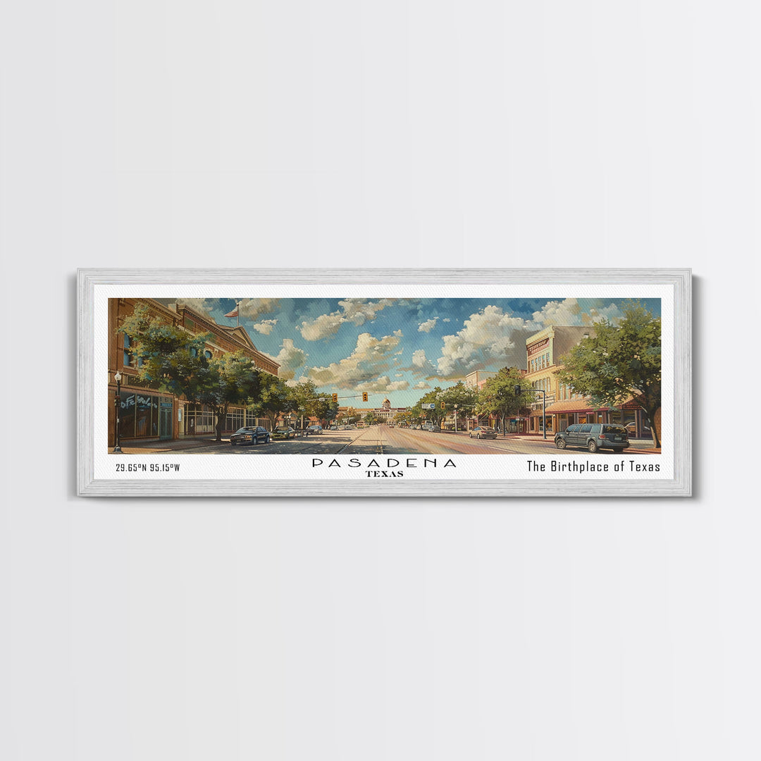 Pasadena Texas Panoramic Painting, Framed Canvas Print, Beautiful Cityscape Watercolor Art, Travel Poster for Home Decor, Unique Gift Idea