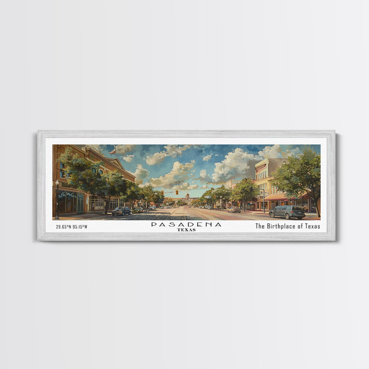 Pasadena Texas Panoramic Painting, Framed Canvas Print, Beautiful Cityscape Watercolor Art, Travel Poster for Home Decor, Unique Gift Idea
