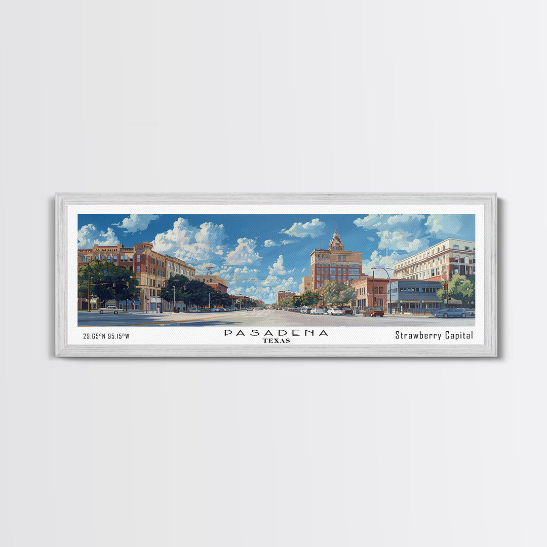 Pasadena Texas Panoramic Framed Canvas Print, Cityscape Watercolor Painting, Travel Poster, Modern Home Decor, Urban Gift Idea