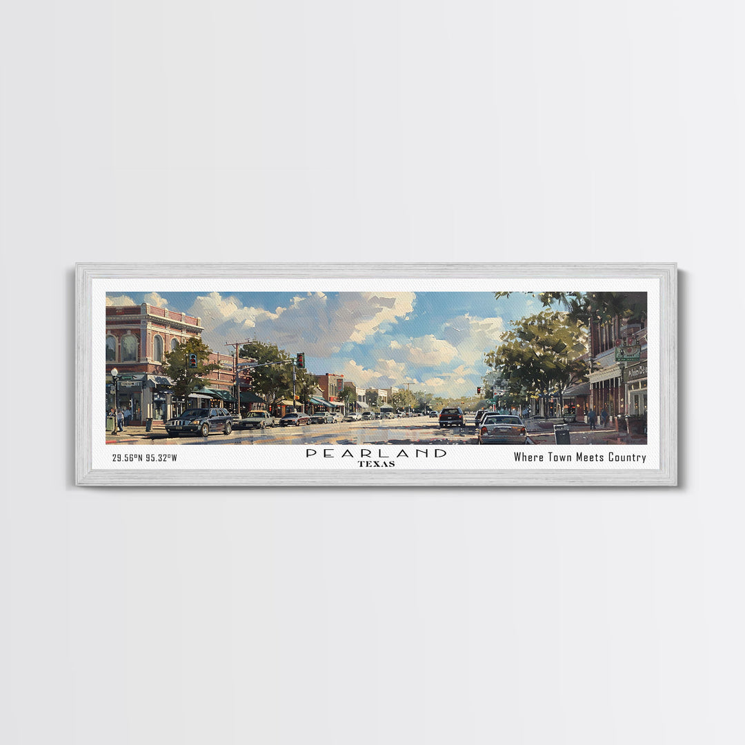 Pearland Texas Panoramic Framed Canvas Print, Cityscape Watercolor Painting, Travel Poster for Home Decor, Urban Art, Unique Gift Idea