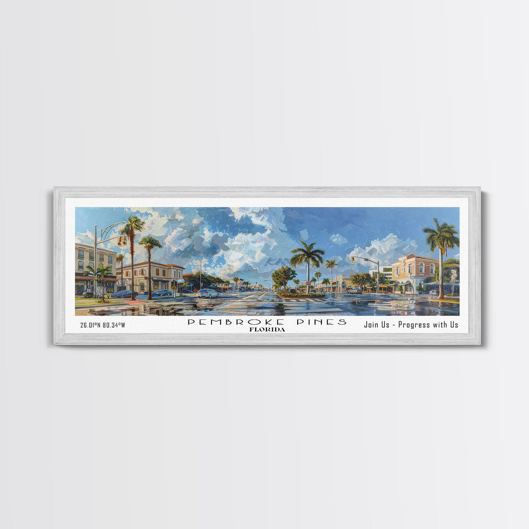 Pembroke Pines Florida Panoramic Painting, Framed Canvas Print, Beautiful Cityscape Watercolor Art, Travel Poster, Modern Home Decor