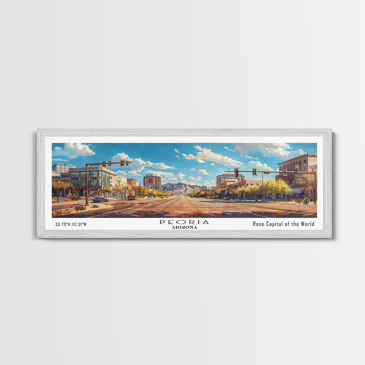 Peoria Arizona Panoramic Framed Canvas Print, Watercolor Cityscape Art, Travel Poster, Home Decor, Urban Gift Idea, Living Room Art