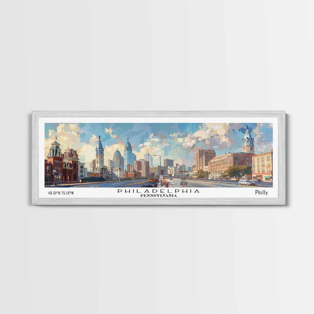 Philadelphia Pennsylvania Panoramic Painting, Framed Canvas Print, Stunning Cityscape Watercolor Art, Travel Poster, Modern Home Decor