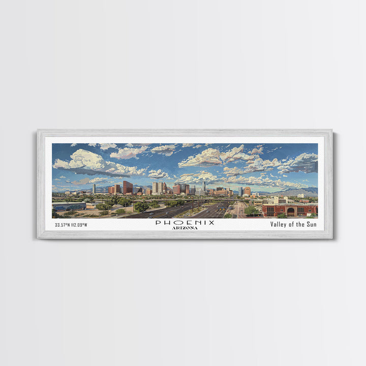 Phoenix Arizona Panoramic Framed Canvas Print, Cityscape Watercolor Painting, Travel Poster for Home Decor, Urban Art, Unique Gift Idea