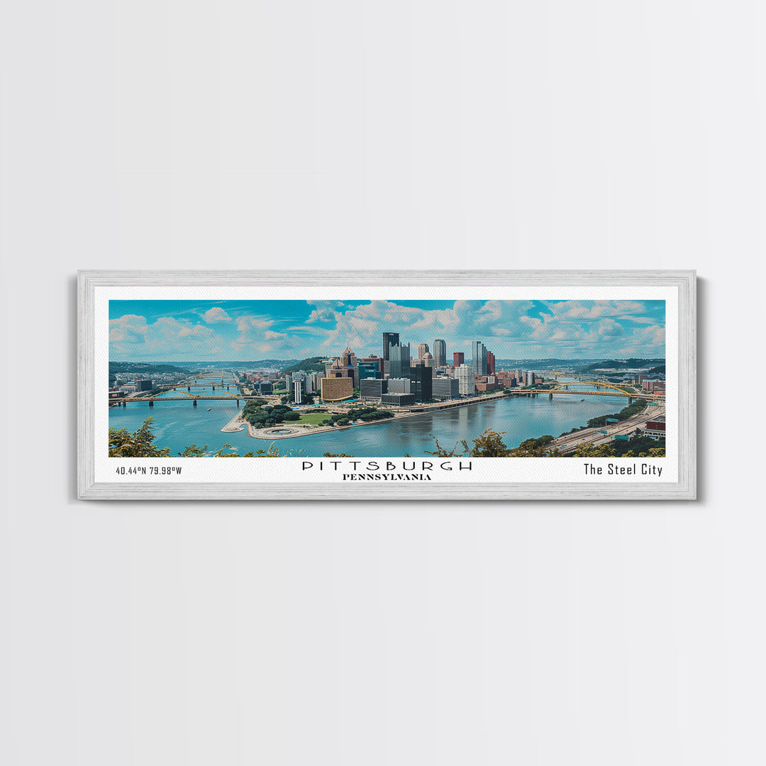 Pittsburgh Pennsylvania Panoramic Painting, Framed Canvas Print, Beautiful Cityscape Watercolor Art, Travel Poster, Modern Home Decor