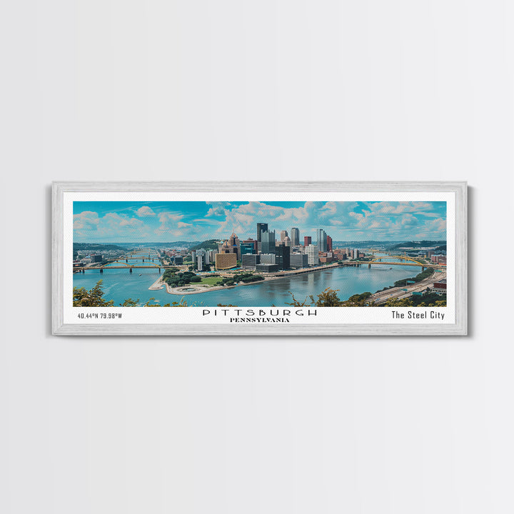 Pittsburgh Pennsylvania Panoramic Painting, Framed Canvas Print, Beautiful Cityscape Watercolor Art, Travel Poster, Modern Home Decor