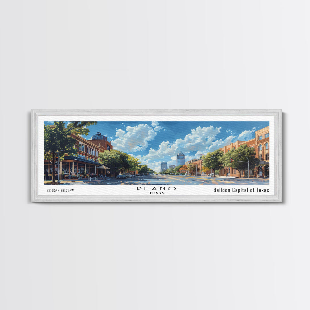 Plano Texas Panoramic Framed Canvas Print, Cityscape Watercolor Painting, Travel Poster for Home Decor, Urban Art, Unique Gift Idea
