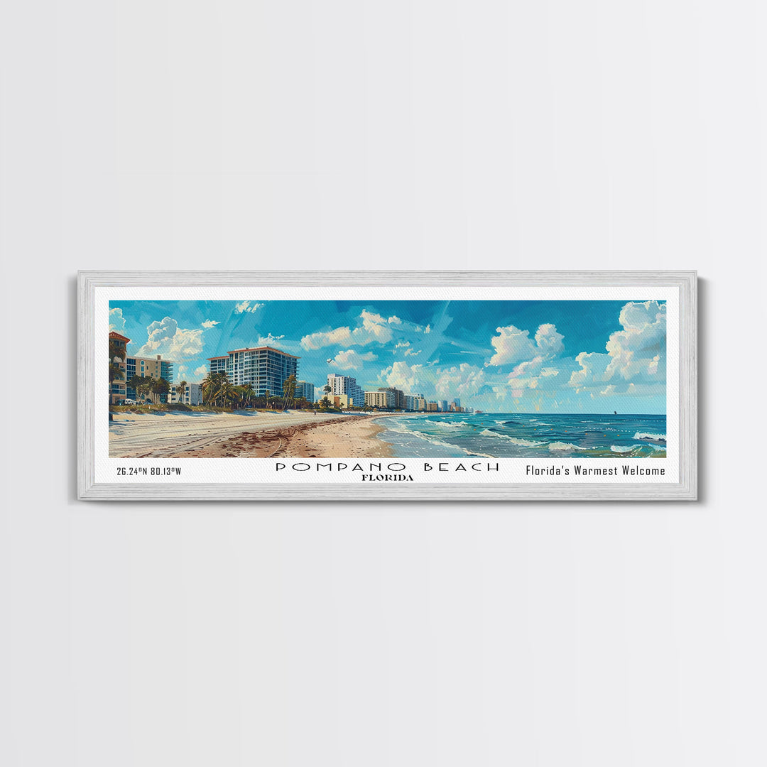 Pompano Beach Florida Panoramic Framed Canvas Print, Watercolor Cityscape Art, Travel Poster, Home Decor, Urban Gift Idea, Living Room Art