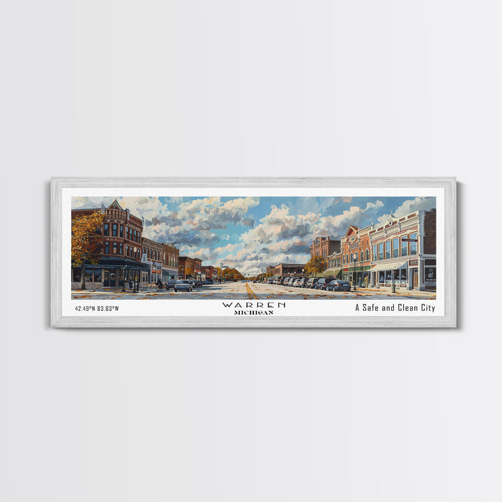Warren Michigan Panoramic Framed Canvas Print, Vintage Travel Poster, Unique Wall Art, Artistic Home Decor, Office Gift Idea