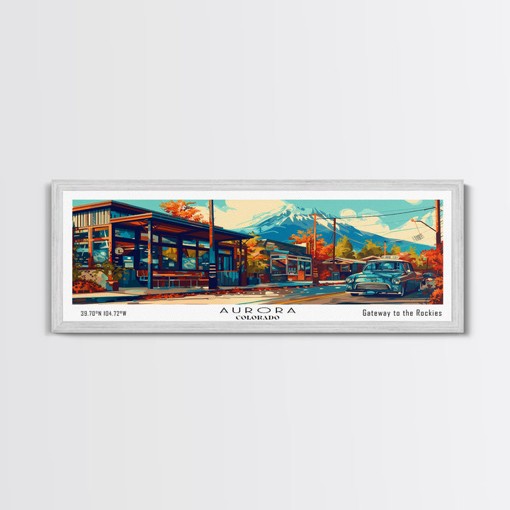 Aurora Colorado Panoramic Painting Framed Canvas Print, Mid Century Modern Art, Pop Art Style, Travel Poster, Wall Art Decor, Retro Style