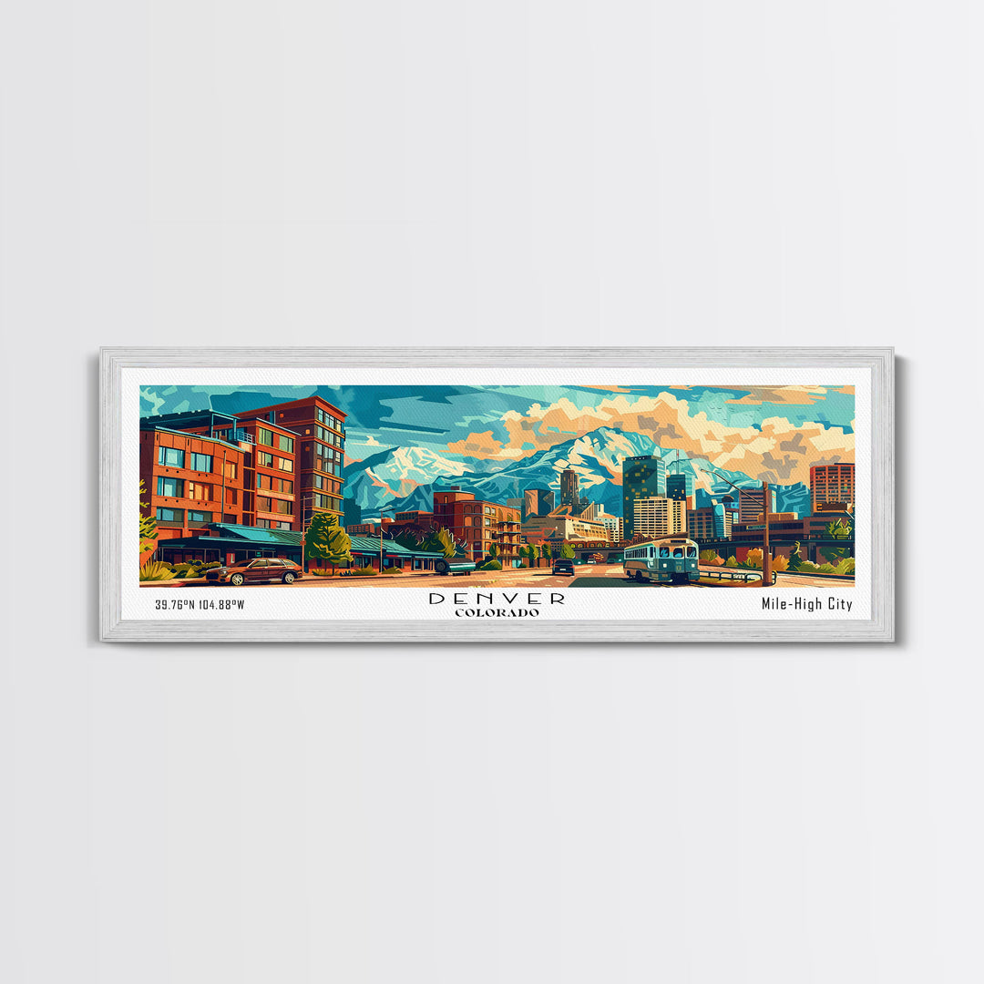 Denver Colorado Panoramic Painting Framed Canvas Print, Mid Century Modern Art, Pop Art Style, Travel Poster, Wall Art Decor, Retro Style