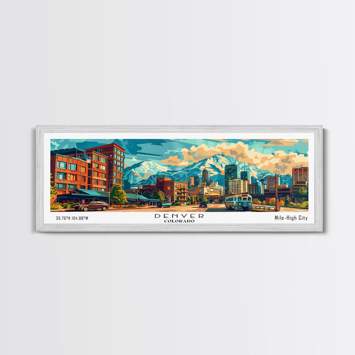 Denver Colorado Panoramic Painting Framed Canvas Print, Mid Century Modern Art, Pop Art Style, Travel Poster, Wall Art Decor, Retro Style