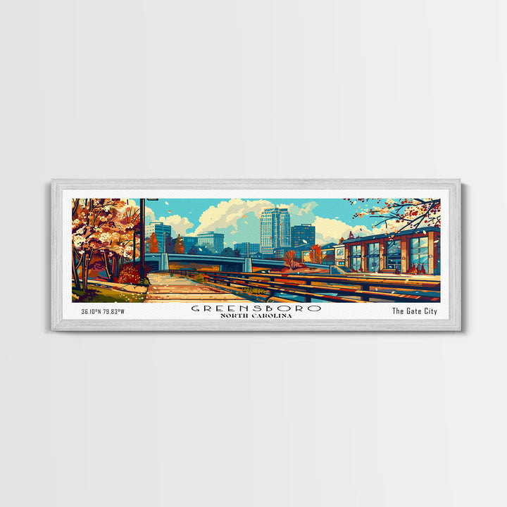 Greensboro North Carolina Panoramic Travel Poster Framed Canvas Print, Mid Century Modern Art, Pop Art Style, Wall Art Decor, Home Decoration