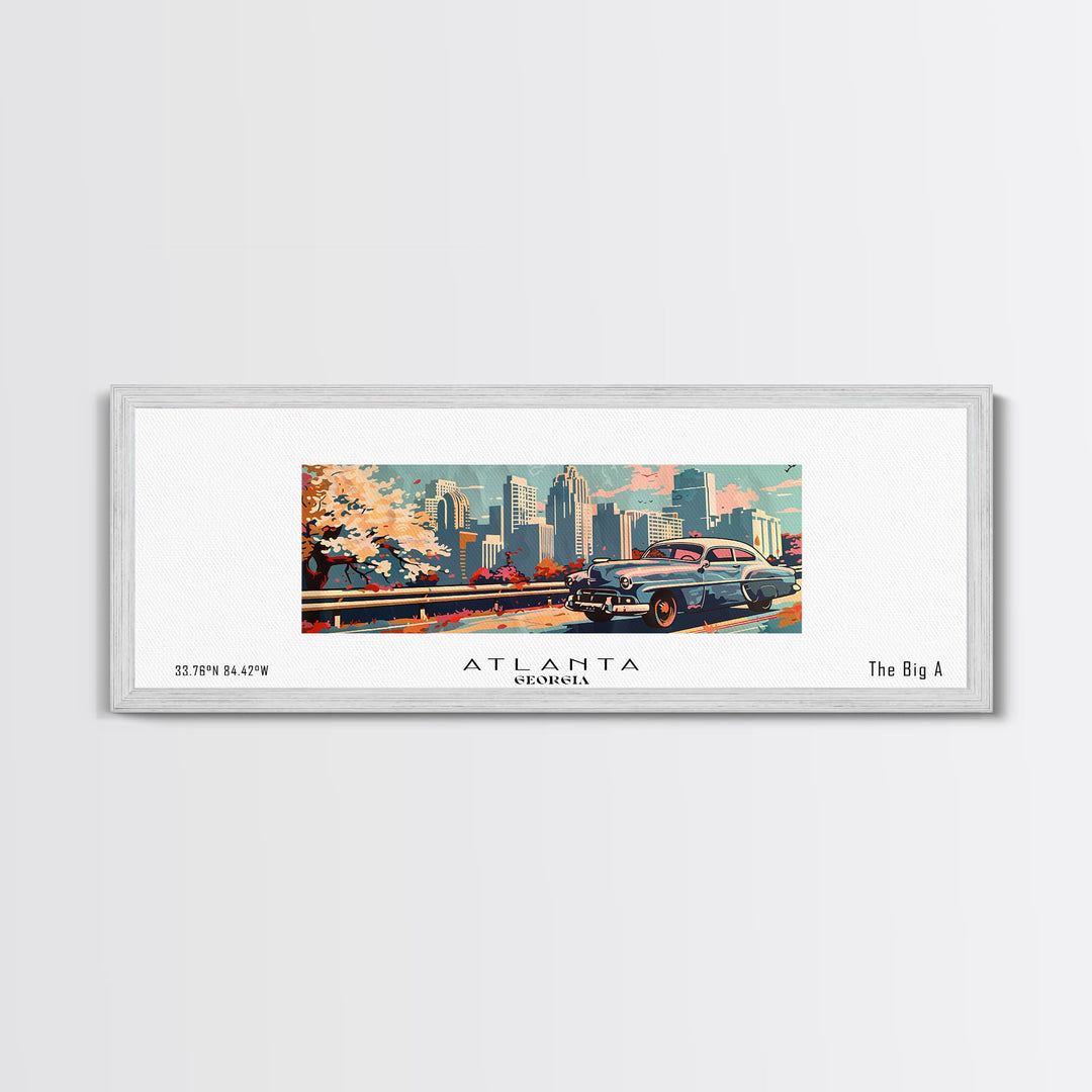 Atlanta Georgia Panoramic Painting, Mid Century Modern Framed Canvas Print, Retro Pop Art Travel Poster, Wall Decor, Gift Idea, Home Decor