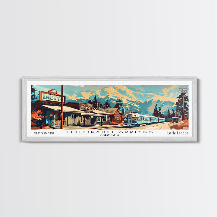 Colorado Springs Colorado Panoramic Painting, Mid Century Modern Framed Canvas Print, Retro Pop Art Travel Poster, Wall Decor, Gift Idea, Home Decor