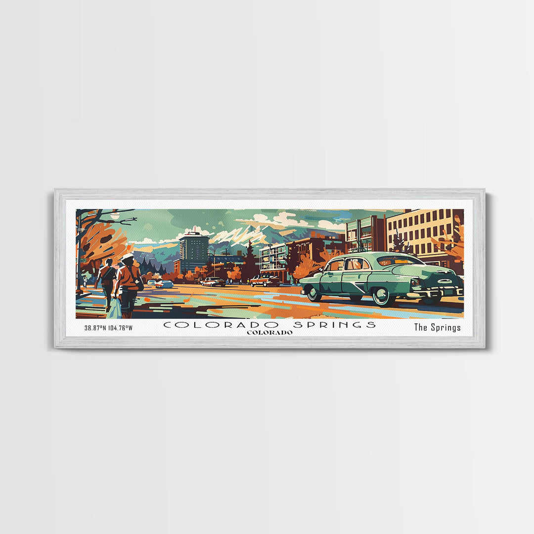 Colorado Springs Colorado Panoramic Wall Art, Retro Pop Art Framed Canvas Print, Mid Century Modern Travel Poster, Living Room Decor, Wall Hanging, Office Art