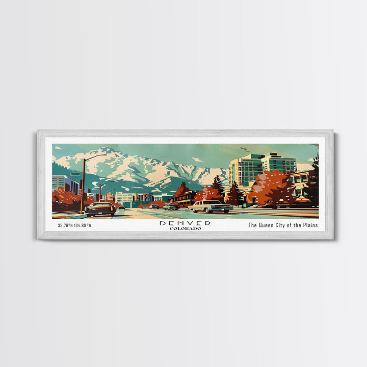 Denver Colorado Panoramic Painting, Mid Century Modern Framed Canvas Print, Retro Pop Art Travel Poster, Wall Art, Home Decor, Office Wall Art