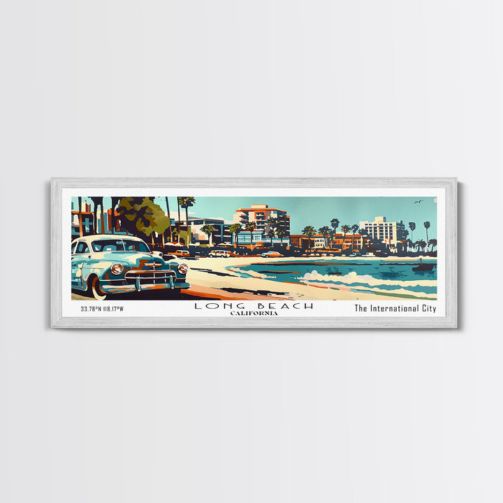 Long Beach California Panoramic Painting, Mid Century Modern Framed Canvas Print, Retro Pop Art Travel Poster, Living Room Wall Art, Home Decor, Vintage Style