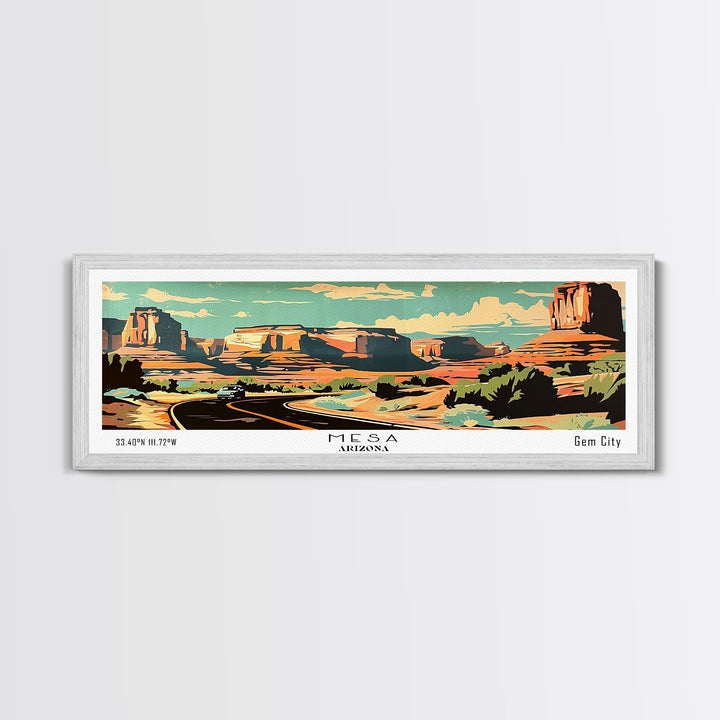 Mesa Arizona Panoramic Painting, Mid Century Modern Framed Canvas Print, Retro Pop Art Travel Poster, Living Room Art, Home Decor, Office Wall Art, Vintage Style
