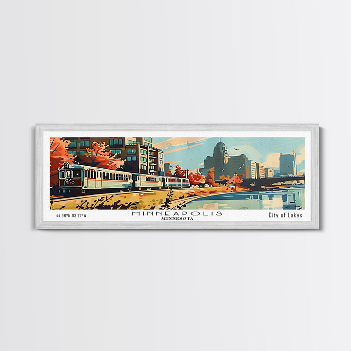 Minneapolis Minnesota Panoramic Painting, Mid Century Modern Framed Canvas Print, Retro Pop Art Travel Poster, Living Room Art, Home Decor, Office Wall Art, Vintage Style