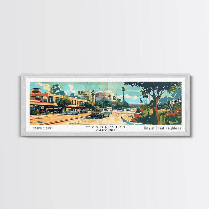 Modesto California Panoramic Wall Art, Mid Century Modern Framed Canvas Print, Retro Pop Art Travel Poster, Home Decor, Office Art, Living Room Wall Hanging, Gift Idea