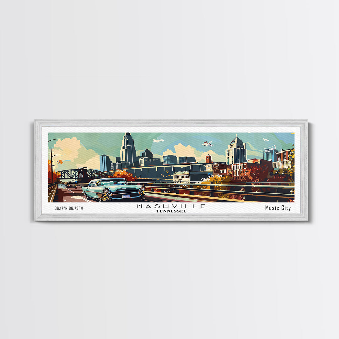 Nashville Tennessee Panoramic Painting, Mid Century Modern Framed Canvas Print, Retro Pop Art Travel Poster, Living Room Art, Home Decor, Office Wall Art, Vintage Style