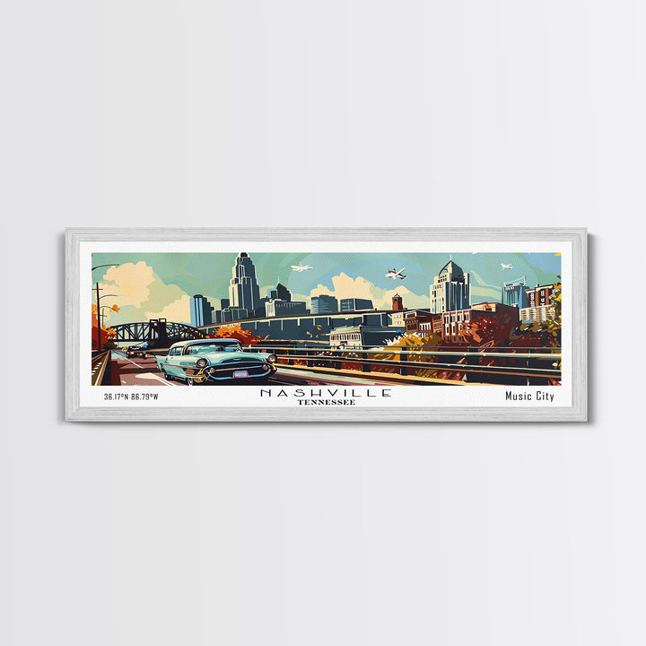 Nashville Tennessee Panoramic Painting, Mid Century Modern Framed Canvas Print, Retro Pop Art Travel Poster, Living Room Art, Home Decor, Office Wall Art, Vintage Style