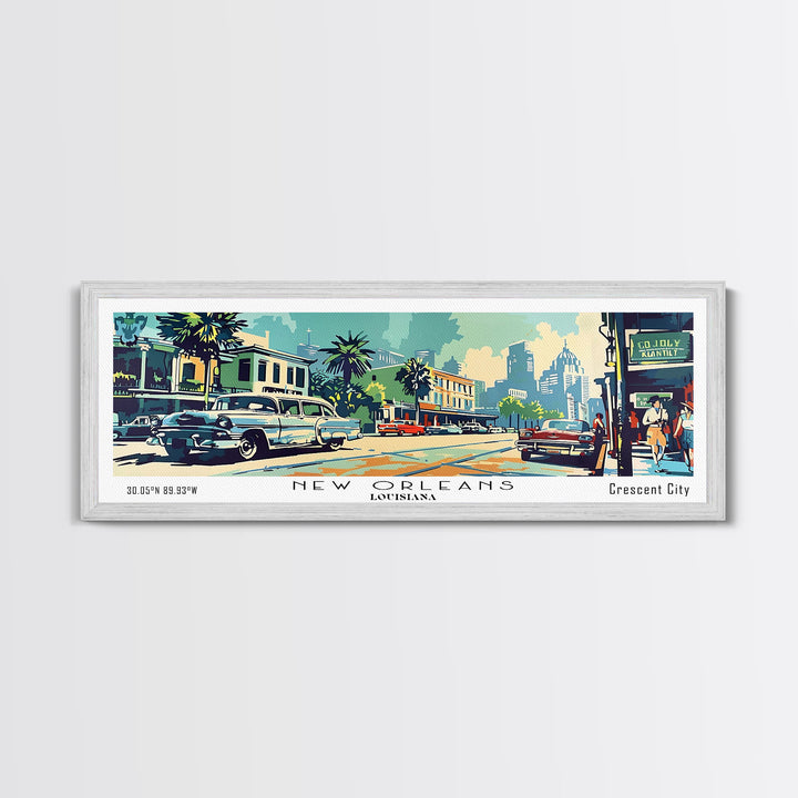 New Orleans Louisiana Panoramic Painting, Mid Century Modern Framed Canvas Print, Retro Pop Art Travel Poster, Living Room Art, Home Decor, Office Wall Art, Vintage Style