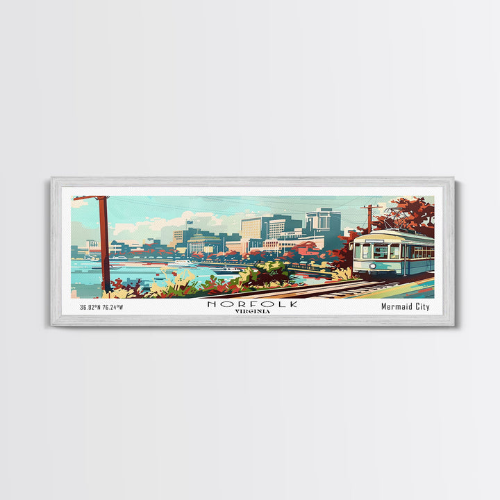 Norfolk Virginia Panoramic Painting, Mid Century Modern Framed Canvas Print, Retro Pop Art Travel Poster, Living Room Art, Home Decor, Office Wall Art, Vintage Style