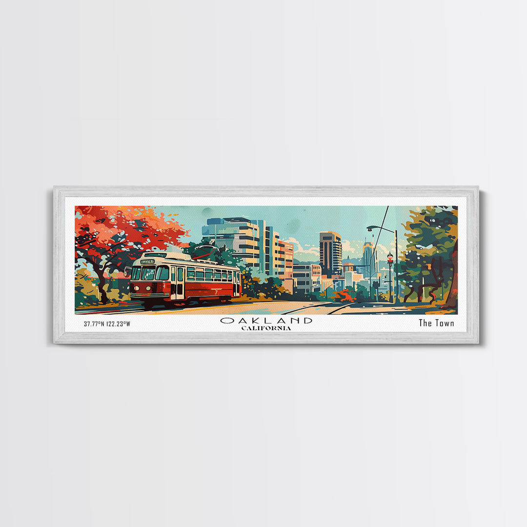 Oakland California Panoramic Painting, Mid Century Modern Framed Canvas Print, Retro Pop Art Travel Poster, Living Room Art, Home Decor, Office Wall Art, Vintage Style