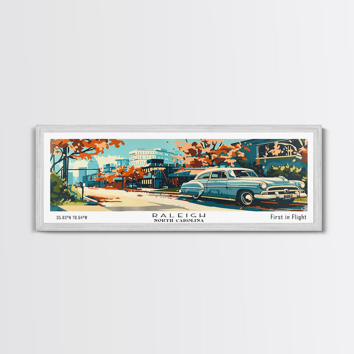 Raleigh North Carolina Panoramic Painting, Mid Century Modern Framed Canvas Print, Retro Pop Art Travel Poster, Living Room and Office Wall Art