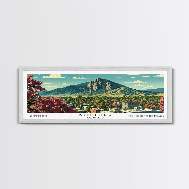 Boulder Colorado Panoramic Painting, Mid Century Modern Framed Canvas Print, Retro Pop Art Travel Poster, Living Room Wall Art Decor, City Print