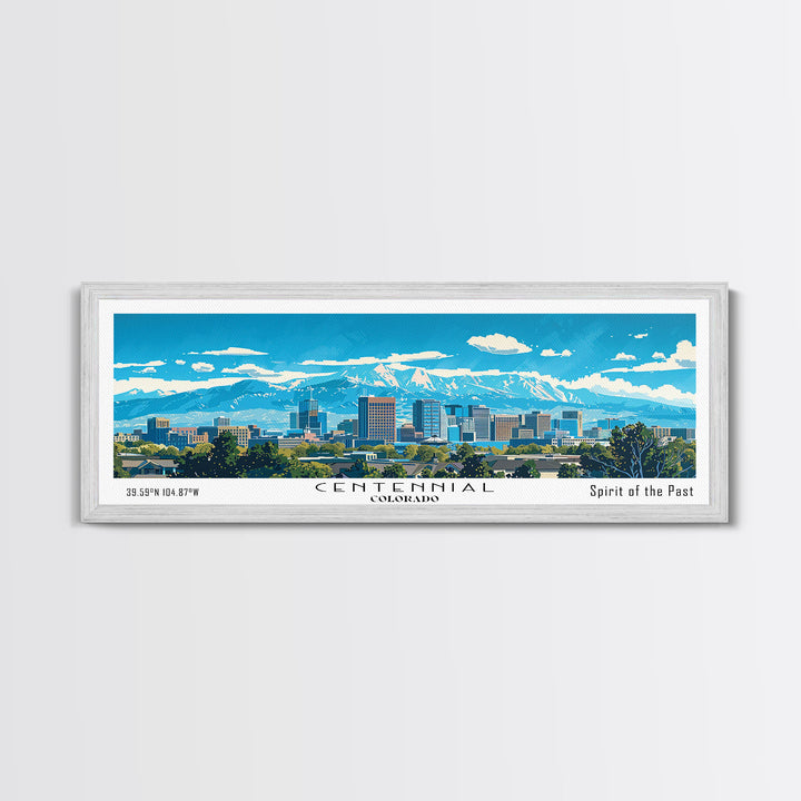 Centennial Colorado Panoramic Painting, Mid Century Modern Framed Canvas Print, Retro Pop Art Travel Poster, Office Wall Art Decor, City Art