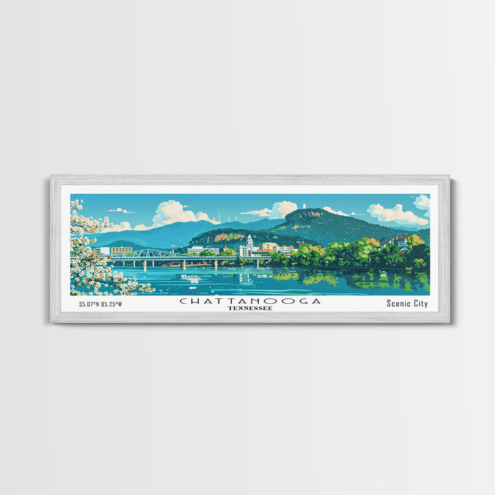 Chattanooga Tennessee Panoramic Painting, Mid Century Modern Framed Canvas Print, Retro Pop Art Travel Poster, Home Decor, City Print