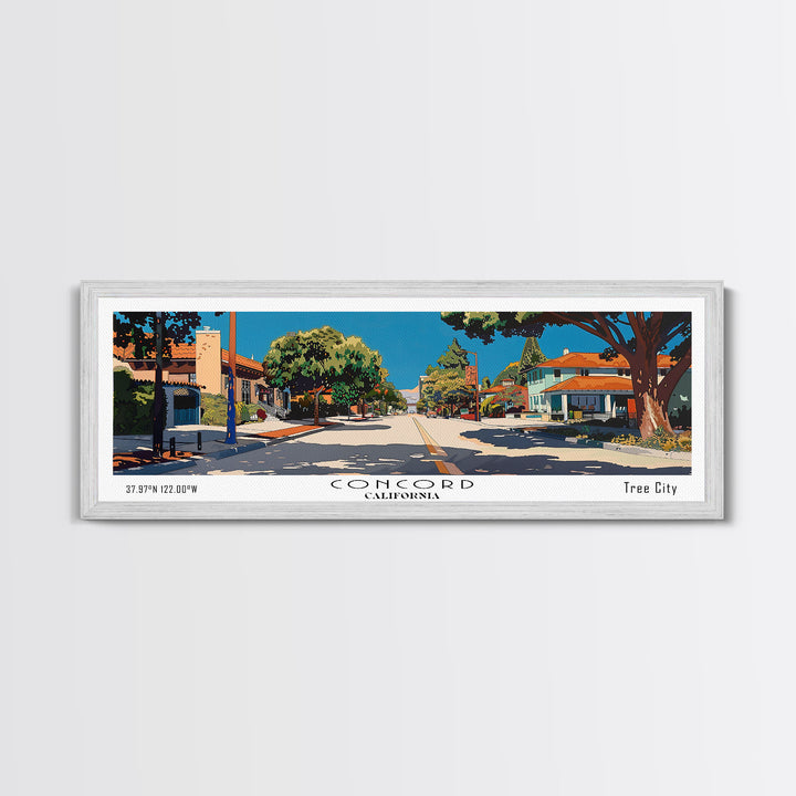 Concord California Panoramic Painting, Mid Century Modern Framed Canvas Print, Retro Pop Art Travel Poster, City Wall Decor, Office Decor