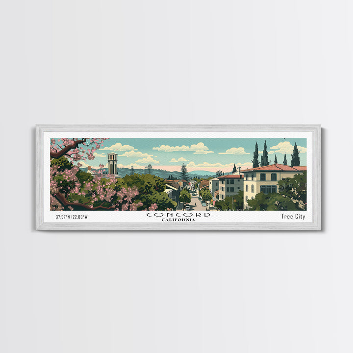 Concord California Panoramic Painting, Mid Century Modern Framed Canvas Print, Retro Pop Art Travel Poster, City Wall Decor, Office Decor