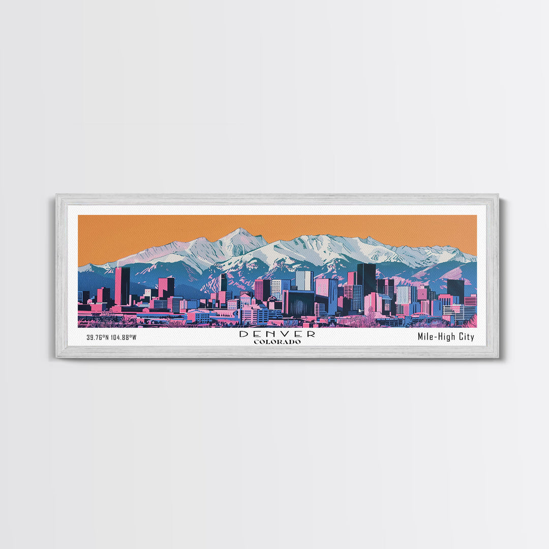 Denver Colorado Panoramic Wall Art, Mid Century Modern Framed Canvas Print, Retro Pop Art Travel Poster, City Living Room Art, Office Decor