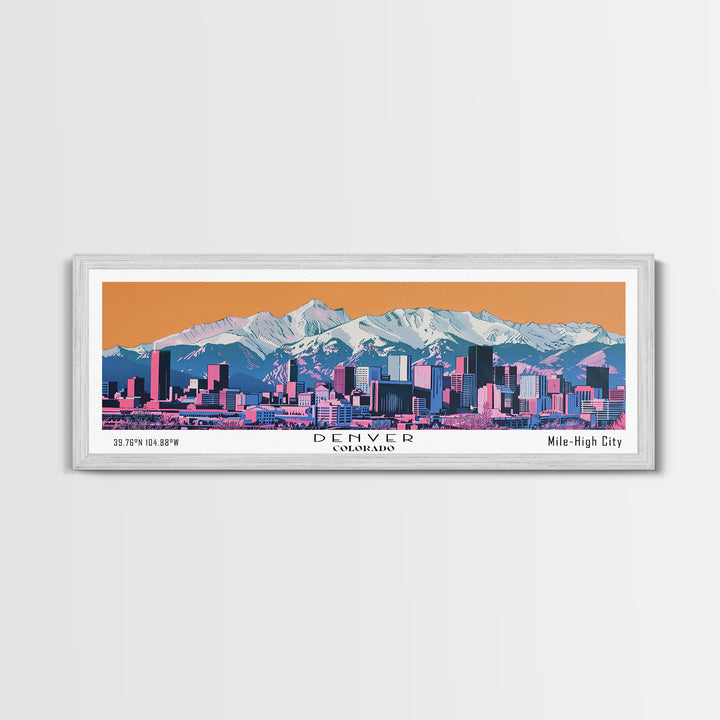 Denver Colorado Panoramic Wall Art, Mid Century Modern Framed Canvas Print, Retro Pop Art Travel Poster, City Living Room Art, Office Decor