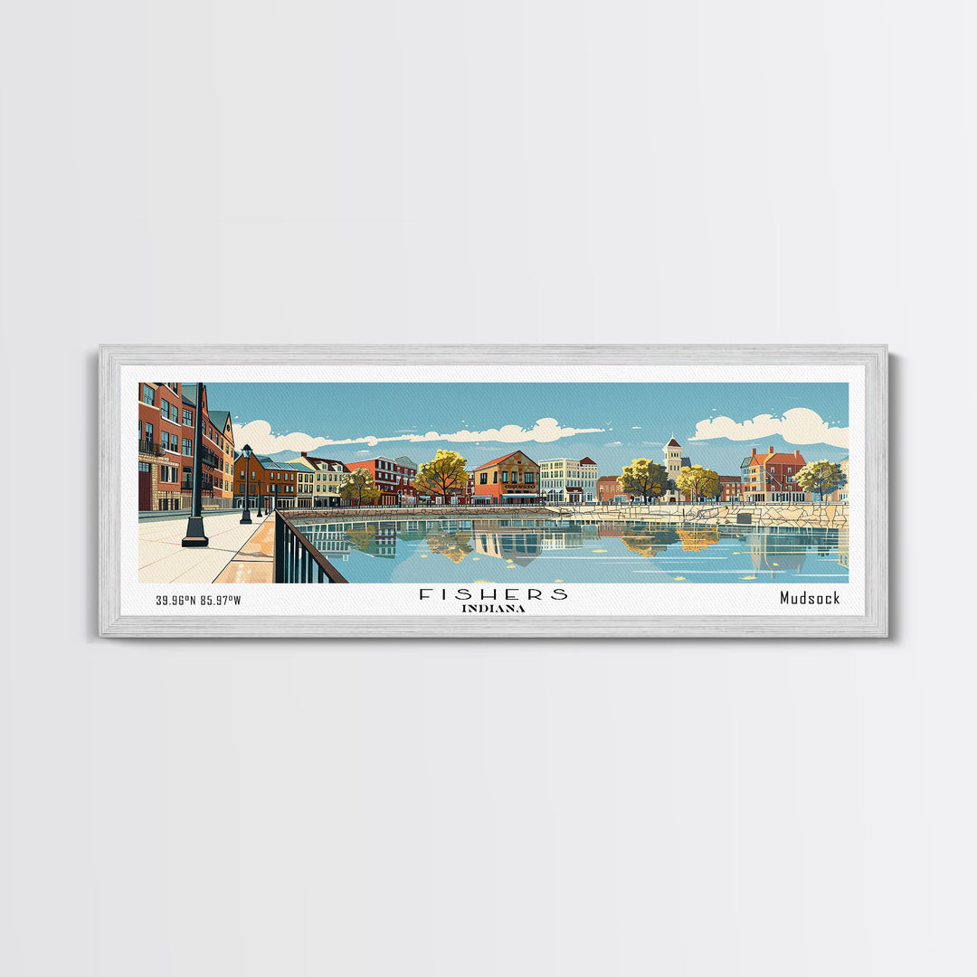 Fishers Indiana Panoramic Painting, Mid Century Modern Framed Canvas Print, Retro Pop Art Travel Poster, Home Wall Decor