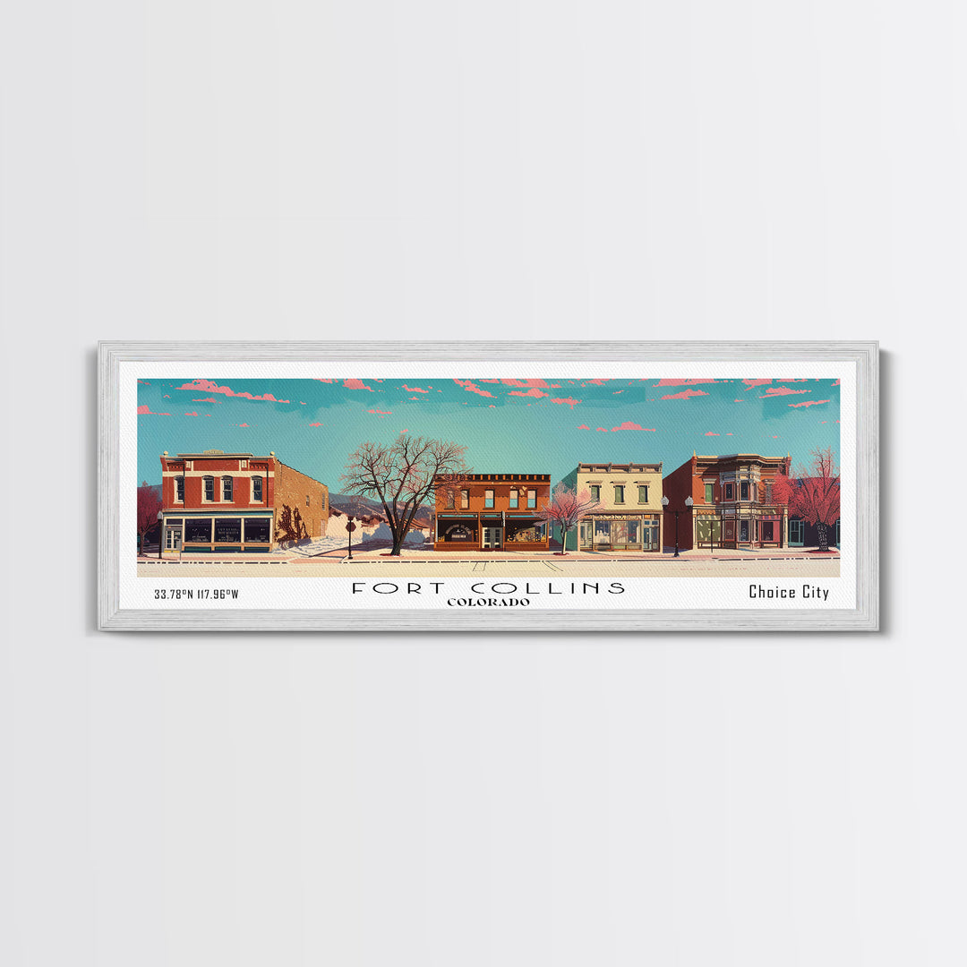 Fort Collins Colorado Panoramic Painting, Mid Century Modern Framed Canvas Print, Retro Pop Art Travel Poster, Office Wall Decor