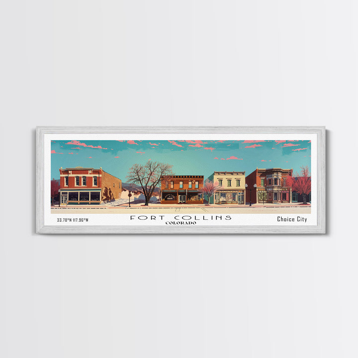 Fort Collins Colorado Panoramic Painting, Mid Century Modern Framed Canvas Print, Retro Pop Art Travel Poster, Office Wall Decor