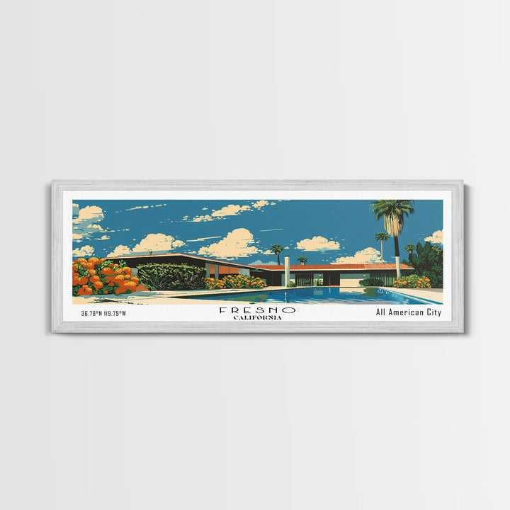 Fresno California Panoramic Painting, Mid Century Modern Framed Canvas Print, Retro Pop Art Travel Poster, Living Room Wall Art